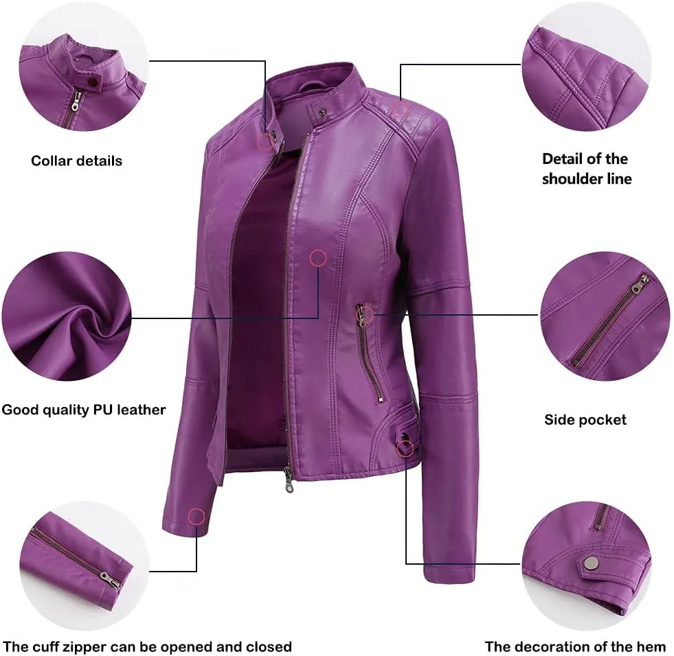 Women's Classic Faux Leather Jacket Stand Collar Zip UP Slim Fit Moto Biker Jacket