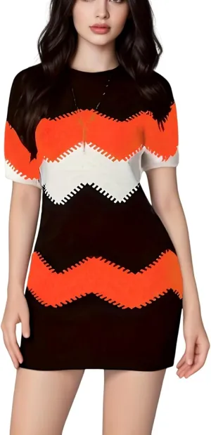 Womens Color Block Bodycon Mini Dress - Short Sleeve Crew Neck, Slim Fit Sexy Casual Summer Dress