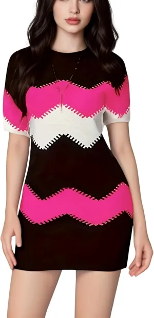 Womens Color Block Bodycon Mini Dress - Short Sleeve Crew Neck, Slim Fit Sexy Casual Summer Dress