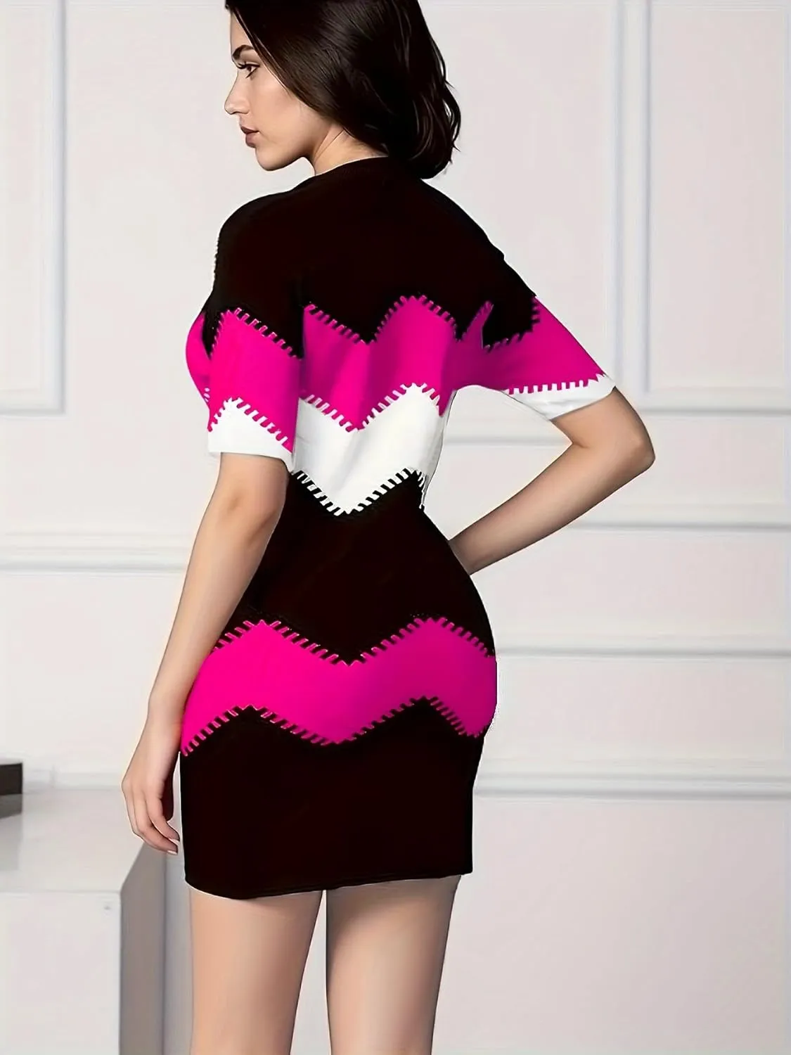 Womens Color Block Bodycon Mini Dress - Short Sleeve Crew Neck, Slim Fit Sexy Casual Summer Dress