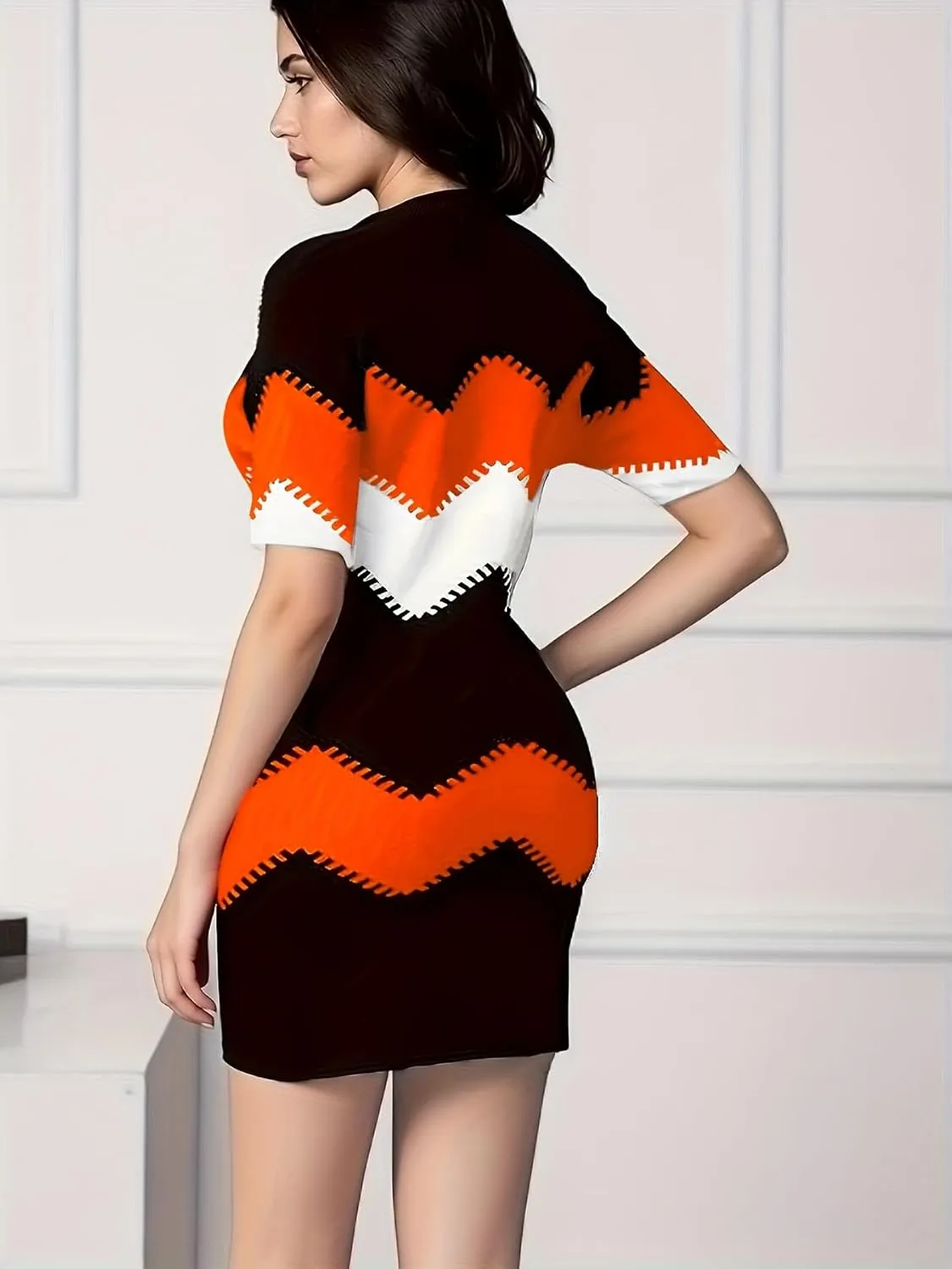 Womens Color Block Bodycon Mini Dress - Short Sleeve Crew Neck, Slim Fit Sexy Casual Summer Dress