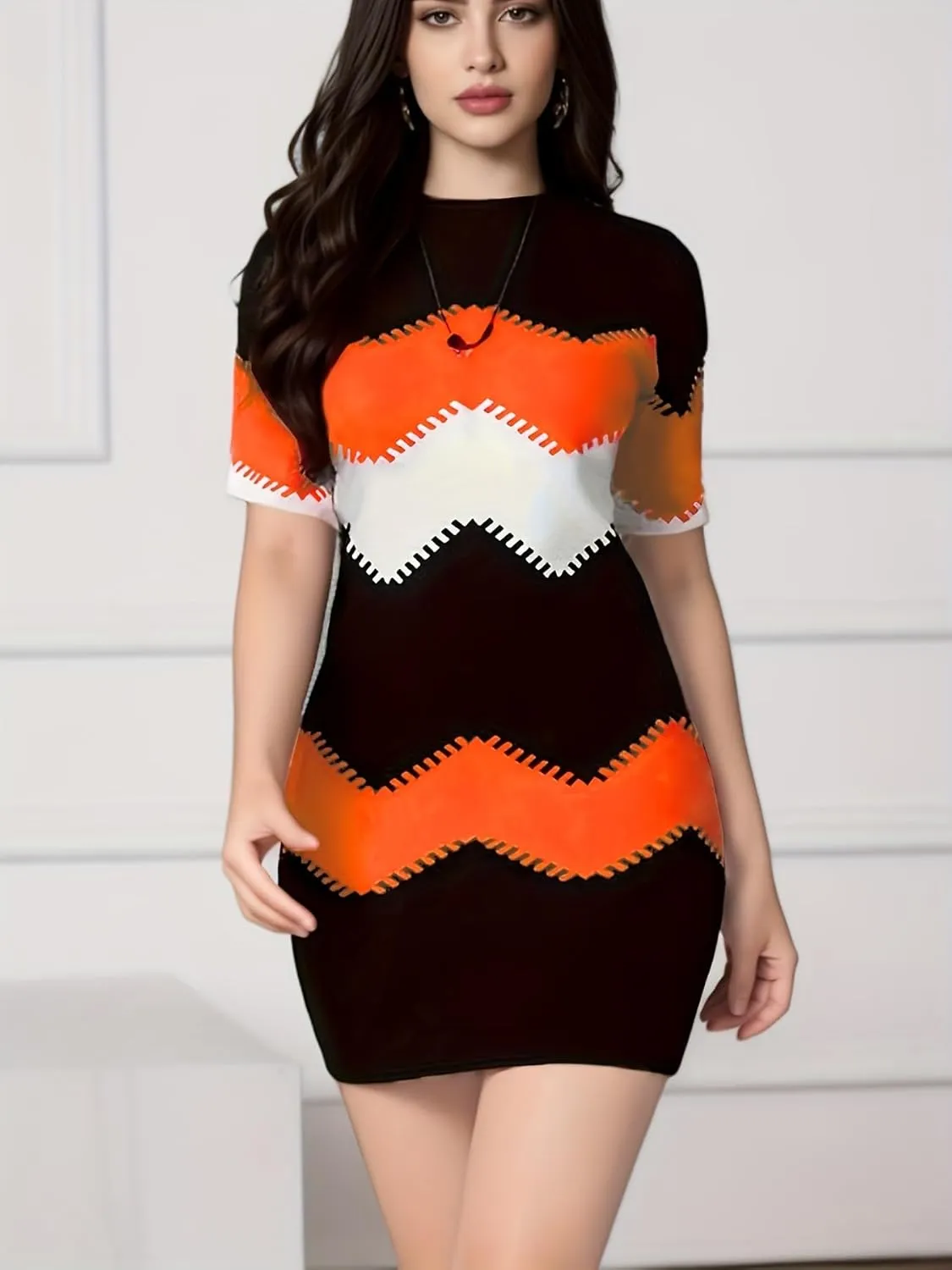 Womens Color Block Bodycon Mini Dress - Short Sleeve Crew Neck, Slim Fit Sexy Casual Summer Dress