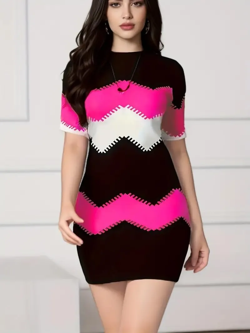 Womens Color Block Bodycon Mini Dress - Short Sleeve Crew Neck, Slim Fit Sexy Casual Summer Dress