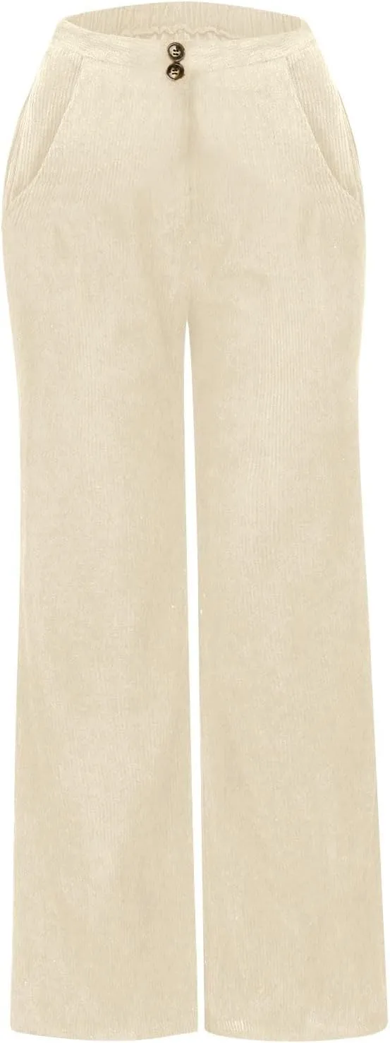 Womens Corduroy Pants Baggy Elastic Waist Wide Leg Pants Button Down Business Casual High Waisted Stretchy Work Pants
