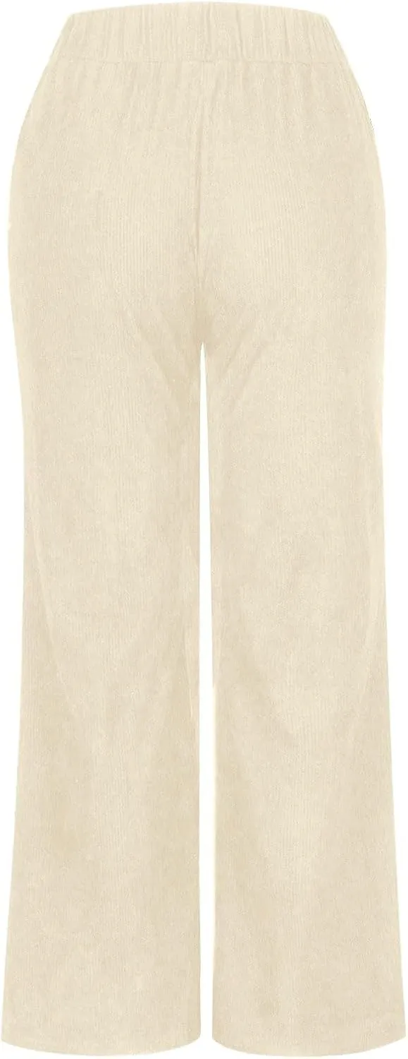 Womens Corduroy Pants Baggy Elastic Waist Wide Leg Pants Button Down Business Casual High Waisted Stretchy Work Pants