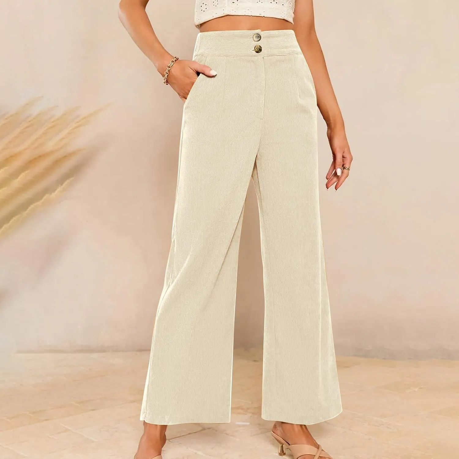 Womens Corduroy Pants Baggy Elastic Waist Wide Leg Pants Button Down Business Casual High Waisted Stretchy Work Pants