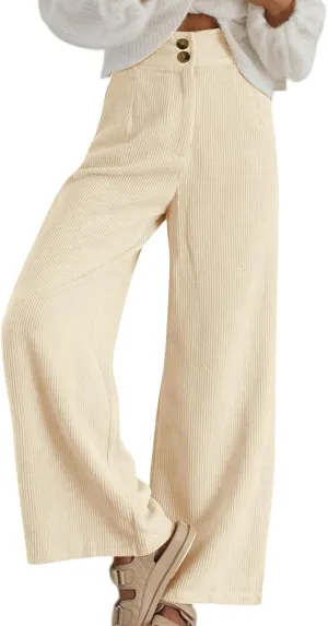 Womens Corduroy Pants Baggy Elastic Waist Wide Leg Pants Button Down Business Casual High Waisted Stretchy Work Pants