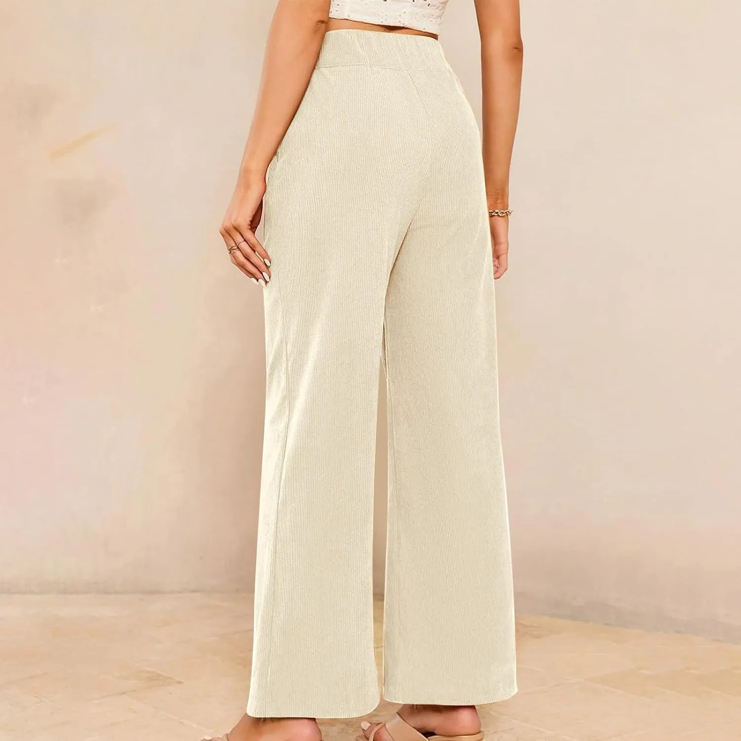 Womens Corduroy Pants Baggy Elastic Waist Wide Leg Pants Button Down Business Casual High Waisted Stretchy Work Pants