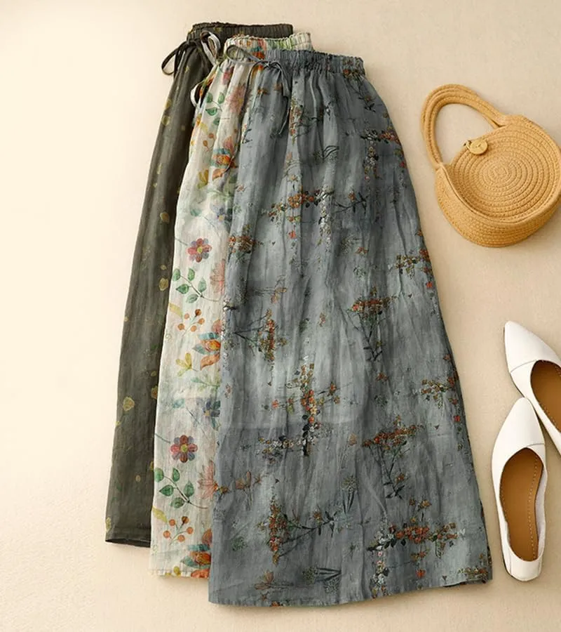 Women's Cotton Linen Bohemian Long Skirts 2025 Summer Vacation A Line Flowy Floral Boho High Waist Vacation Midi Skirts