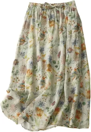 Women's Cotton Linen Bohemian Long Skirts 2025 Summer Vacation A Line Flowy Floral Boho High Waist Vacation Midi Skirts