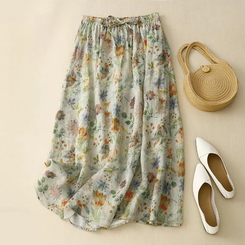 Women's Cotton Linen Bohemian Long Skirts 2025 Summer Vacation A Line Flowy Floral Boho High Waist Vacation Midi Skirts