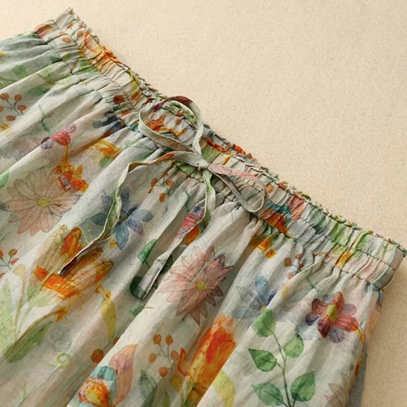 Women's Cotton Linen Bohemian Long Skirts 2025 Summer Vacation A Line Flowy Floral Boho High Waist Vacation Midi Skirts