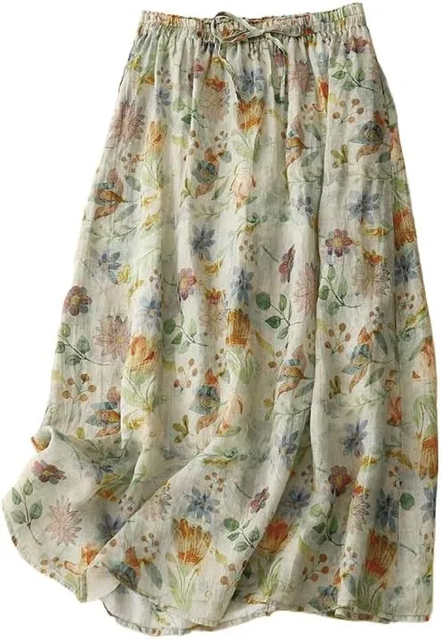 Women's Cotton Linen Bohemian Long Skirts 2025 Summer Vacation A Line Flowy Floral Boho High Waist Vacation Midi Skirts