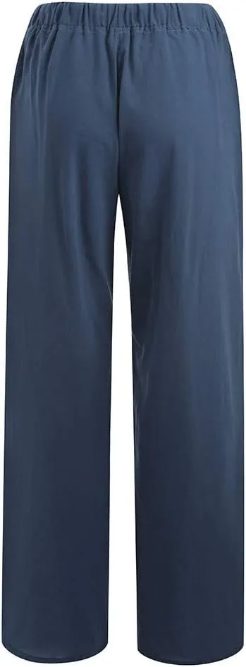 Women's Cotton Linen Palazzo Pants Drawstring Wide Leg Trousers High Waist Lightweight Pant Beach Vacation Clothes