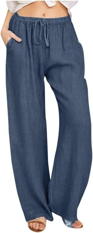 Women's Cotton Linen Palazzo Pants Drawstring Wide Leg Trousers High Waist Lightweight Pant Beach Vacation Clothes