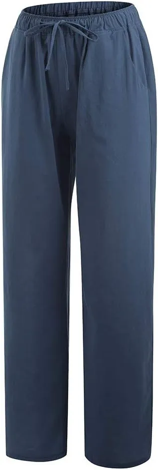 Women's Cotton Linen Palazzo Pants Drawstring Wide Leg Trousers High Waist Lightweight Pant Beach Vacation Clothes
