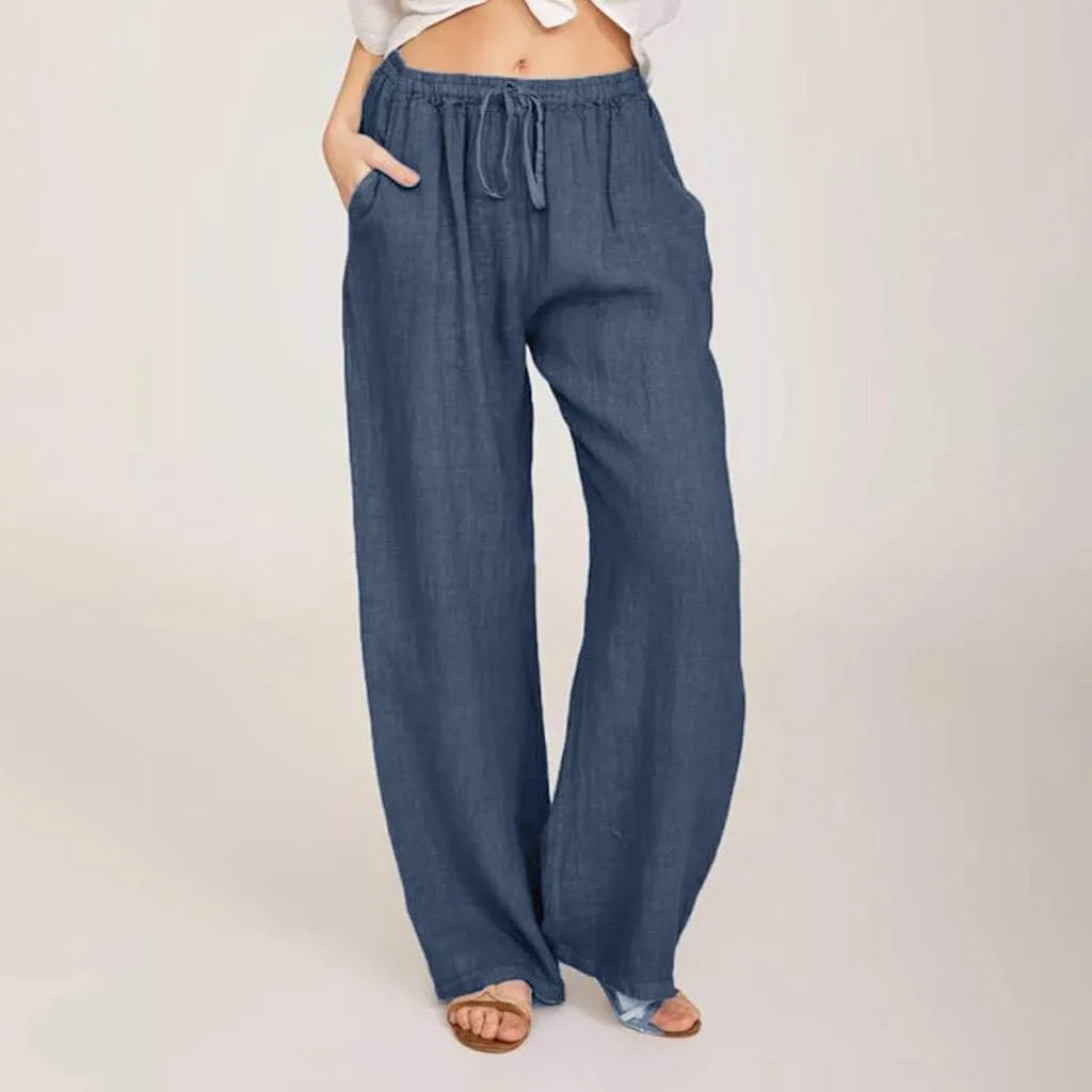 Women's Cotton Linen Palazzo Pants Drawstring Wide Leg Trousers High Waist Lightweight Pant Beach Vacation Clothes