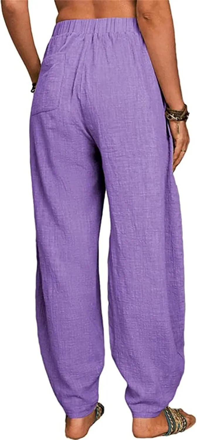 Womens Cotton Linen Palazzo Pants Pants Waist Casual Loose Trousers Drawstring Elastic Waist Casual Wide Leg