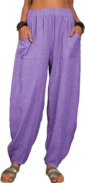 Womens Cotton Linen Palazzo Pants Pants Waist Casual Loose Trousers Drawstring Elastic Waist Casual Wide Leg