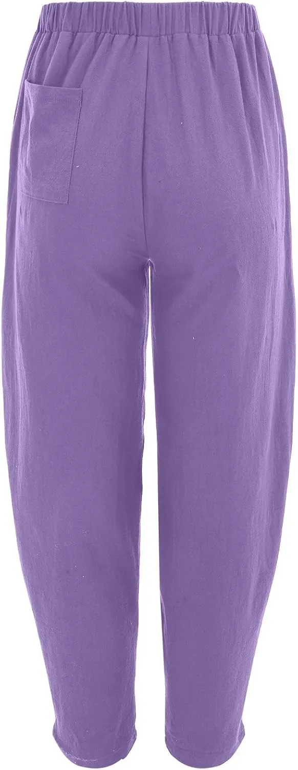 Womens Cotton Linen Palazzo Pants Pants Waist Casual Loose Trousers Drawstring Elastic Waist Casual Wide Leg