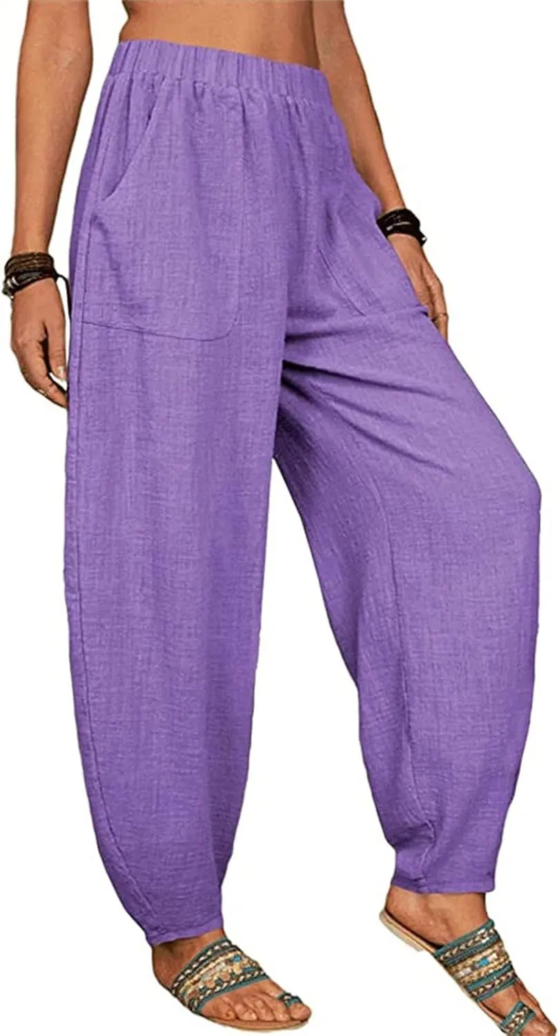 Womens Cotton Linen Palazzo Pants Pants Waist Casual Loose Trousers Drawstring Elastic Waist Casual Wide Leg