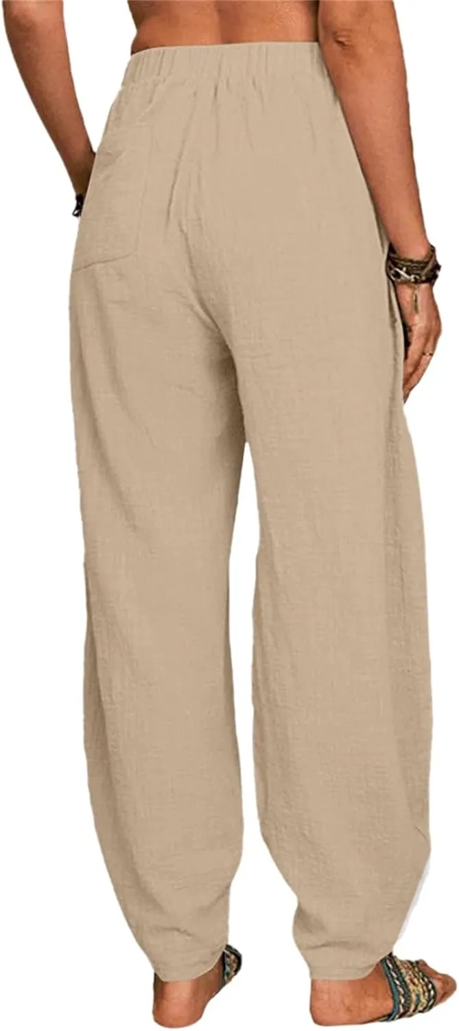 Womens Cotton Linen Pants Drawstring Elastic Waist Wide Leg Loose Fit Summer Trouser Palazzo Pant Women with Pockets