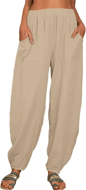 Womens Cotton Linen Pants Drawstring Elastic Waist Wide Leg Loose Fit Summer Trouser Palazzo Pant Women with Pockets