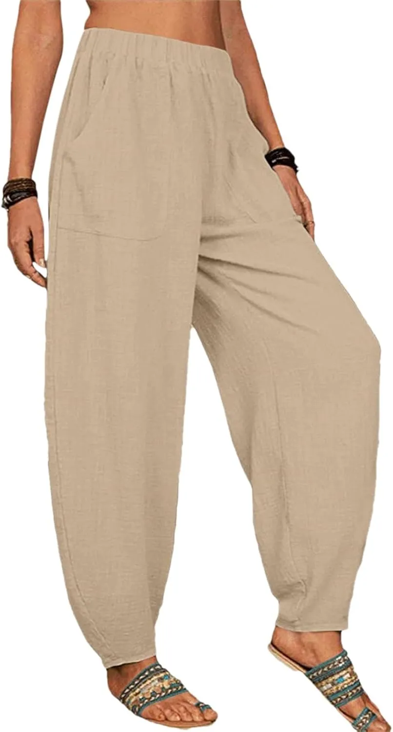 Womens Cotton Linen Pants Drawstring Elastic Waist Wide Leg Loose Fit Summer Trouser Palazzo Pant Women with Pockets