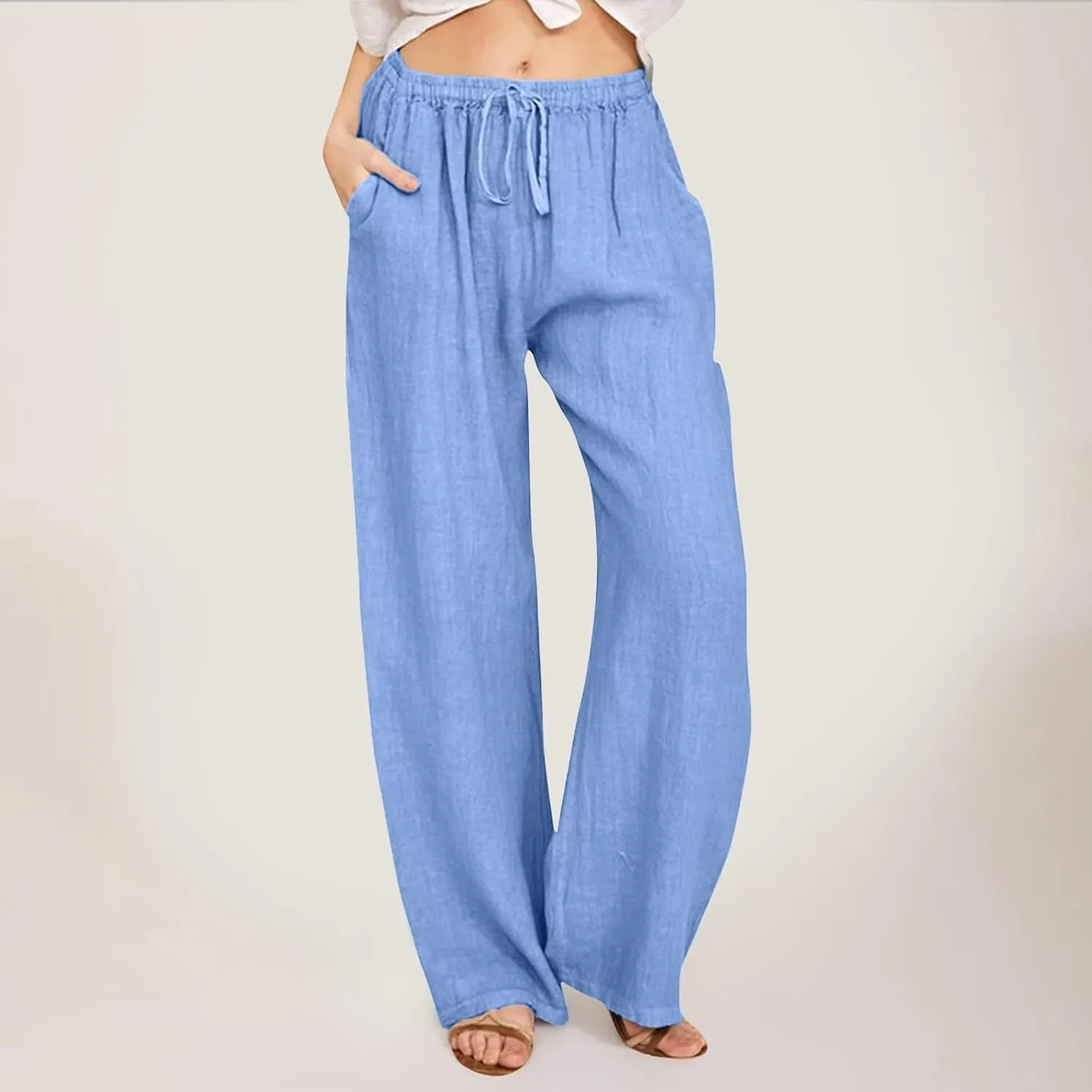 Women's Cotton Linen Pants Lounge Baggy Straight Leg Long Pants Drawstring Waisted Casual Loose Solid Summer Trousers
