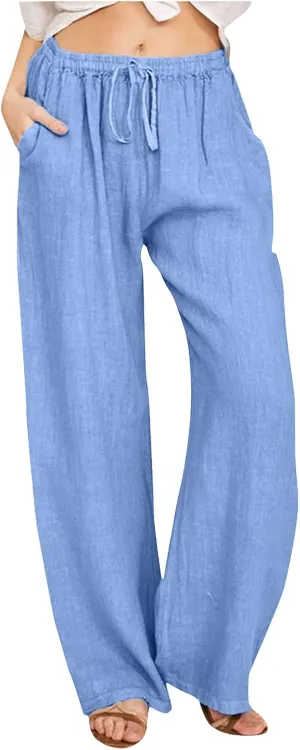 Women's Cotton Linen Pants Lounge Baggy Straight Leg Long Pants Drawstring Waisted Casual Loose Solid Summer Trousers
