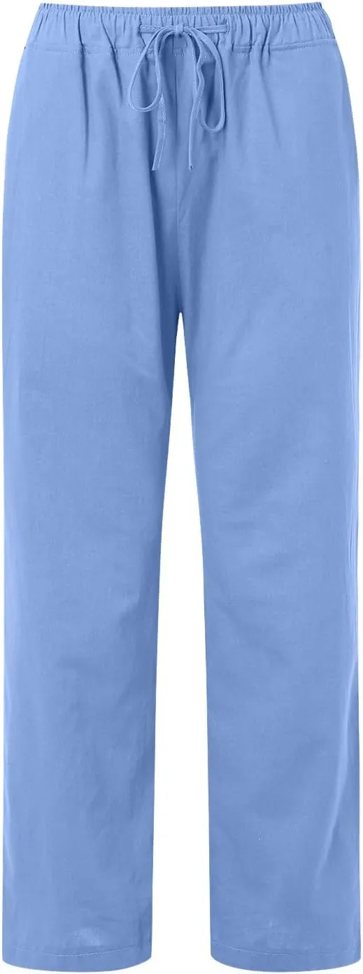 Women's Cotton Linen Pants Lounge Baggy Straight Leg Long Pants Drawstring Waisted Casual Loose Solid Summer Trousers
