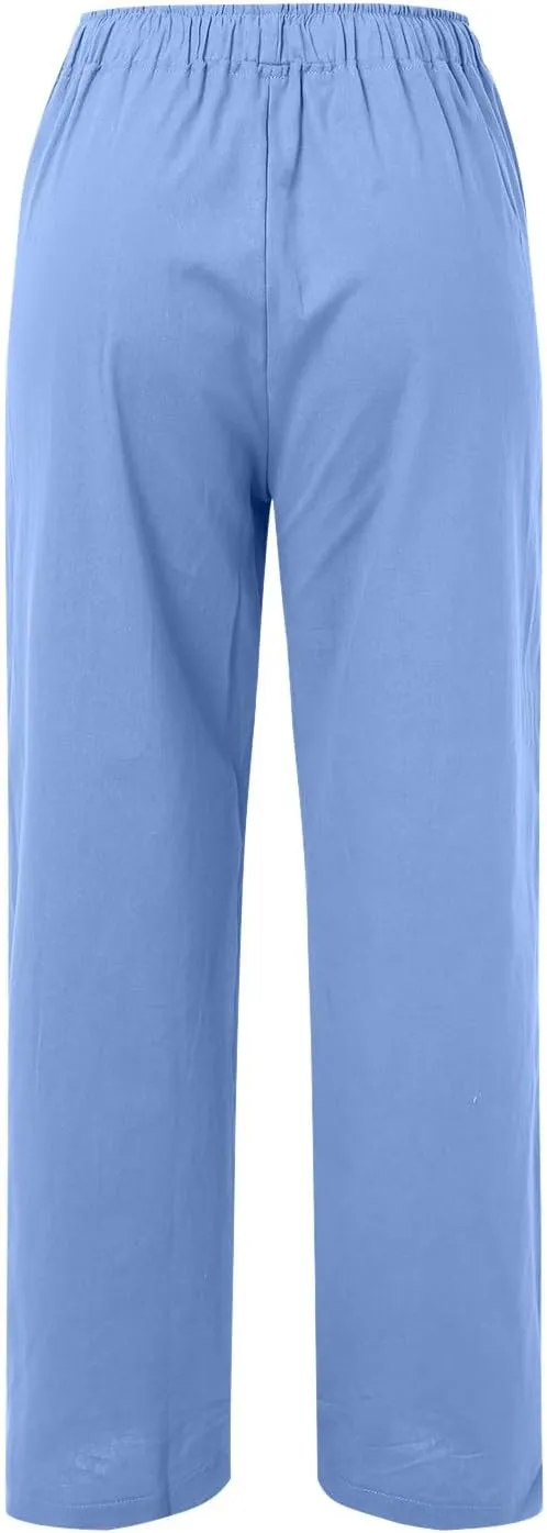 Women's Cotton Linen Pants Lounge Baggy Straight Leg Long Pants Drawstring Waisted Casual Loose Solid Summer Trousers