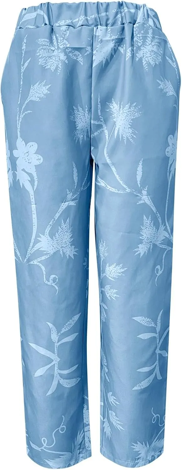 Womens Cotton Linen Pants Vintage Floral Print Wide Leg Cropped Trousers Summer Beach Casual Capri Pant with Pockets