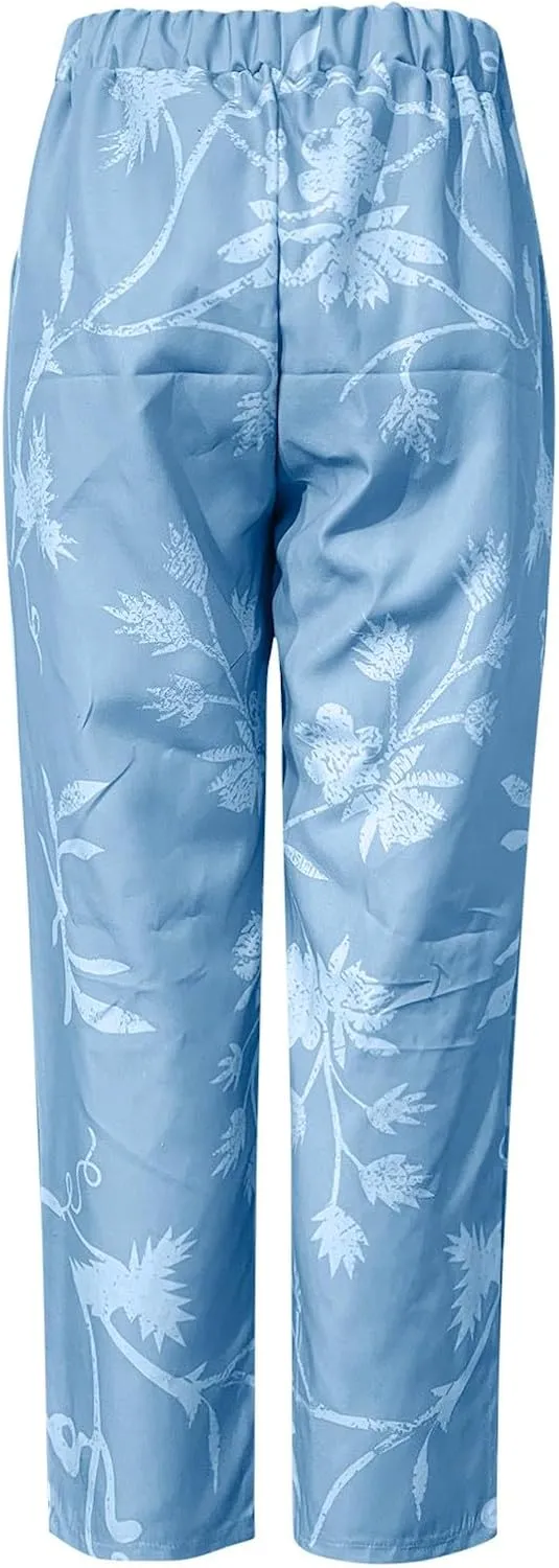 Womens Cotton Linen Pants Vintage Floral Print Wide Leg Cropped Trousers Summer Beach Casual Capri Pant with Pockets