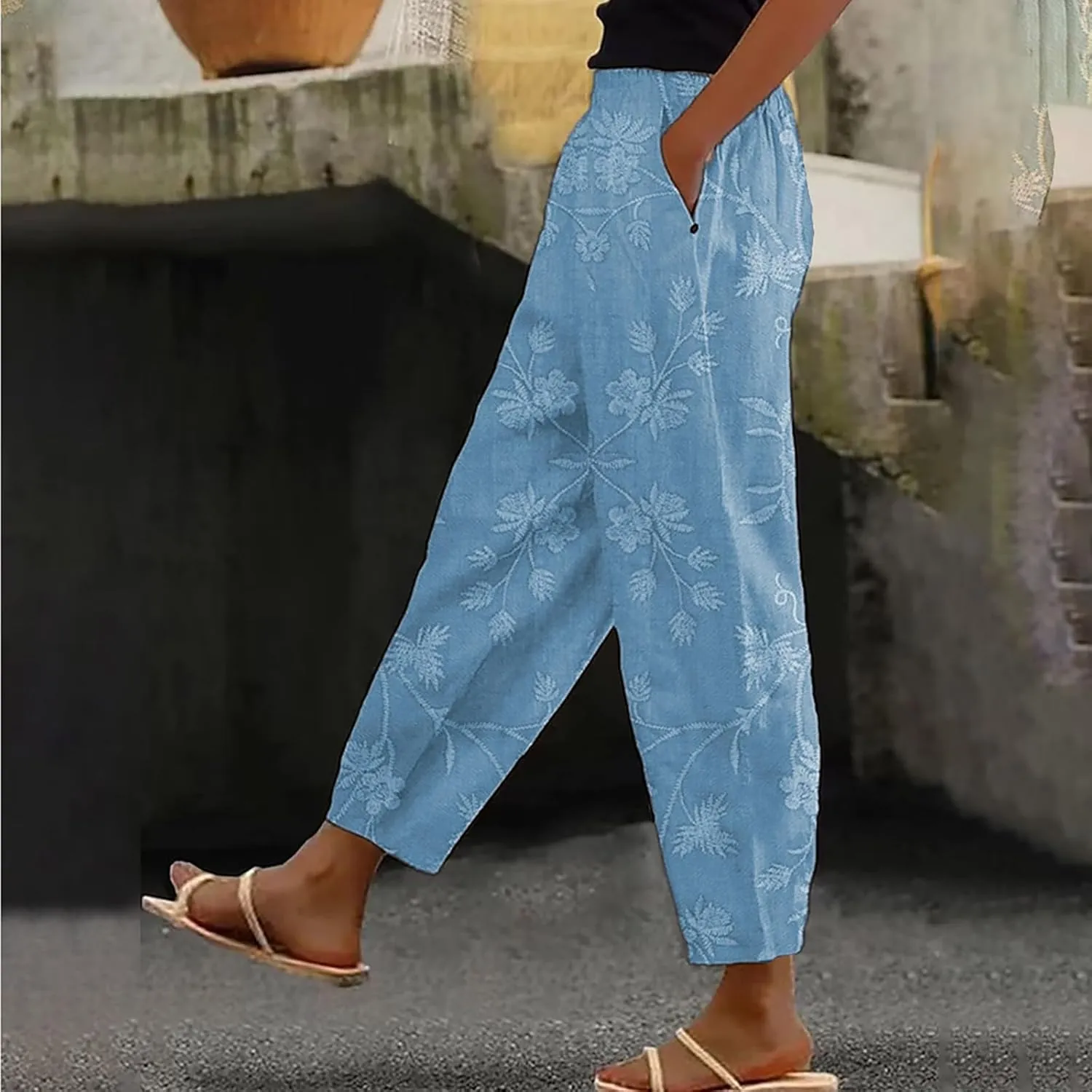 Womens Cotton Linen Pants Vintage Floral Print Wide Leg Cropped Trousers Summer Beach Casual Capri Pant with Pockets