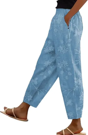 Womens Cotton Linen Pants Vintage Floral Print Wide Leg Cropped Trousers Summer Beach Casual Capri Pant with Pockets