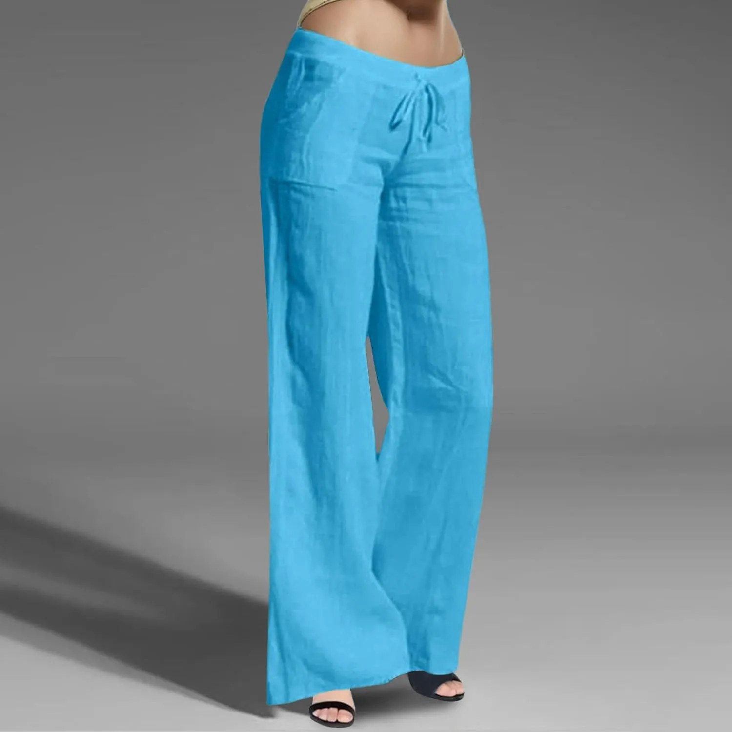 Womens Cotton Linen Pants Wide Leg Summer Casual Loose Drawstring High Waist Trousers Lightweight Palazzo Pants Pockets