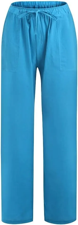 Womens Cotton Linen Pants Wide Leg Summer Casual Loose Drawstring High Waist Trousers Lightweight Palazzo Pants Pockets