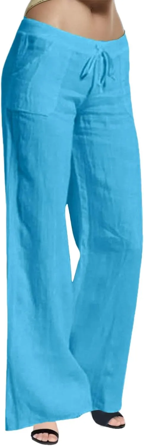 Womens Cotton Linen Pants Wide Leg Summer Casual Loose Drawstring High Waist Trousers Lightweight Palazzo Pants Pockets