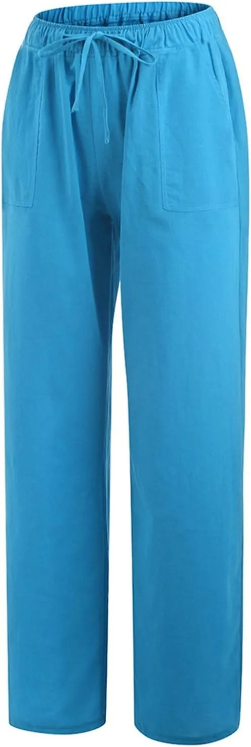 Womens Cotton Linen Pants Wide Leg Summer Casual Loose Drawstring High Waist Trousers Lightweight Palazzo Pants Pockets