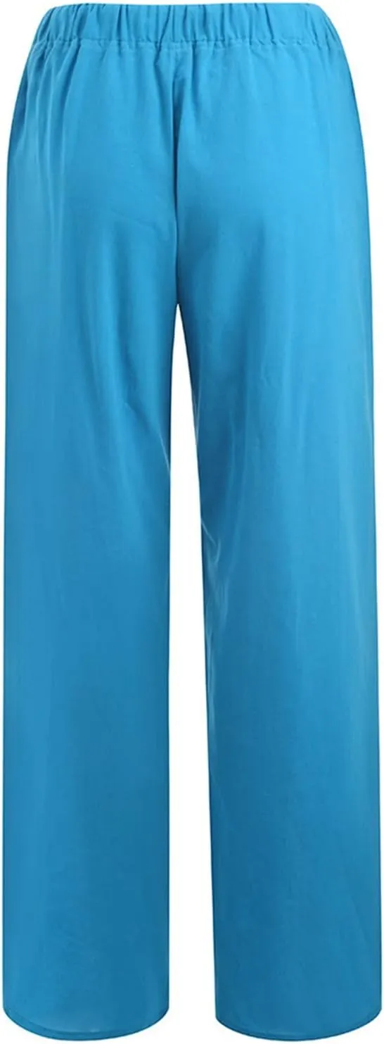 Womens Cotton Linen Pants Wide Leg Summer Casual Loose Drawstring High Waist Trousers Lightweight Palazzo Pants Pockets