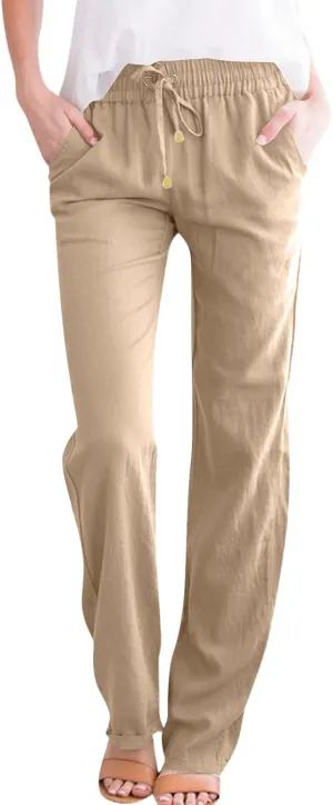 Women's Cotton Linen Pants,Spring Summer Casual Loose Lightweight Flowy Beach Pants with Pockets