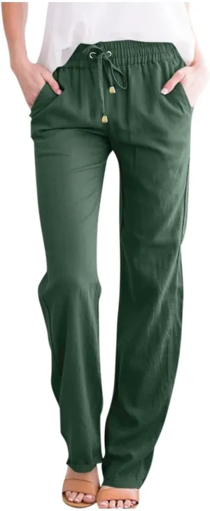 Women's Cotton Linen Pants,Spring Summer Casual Loose Lightweight Flowy Beach Pants with Pockets