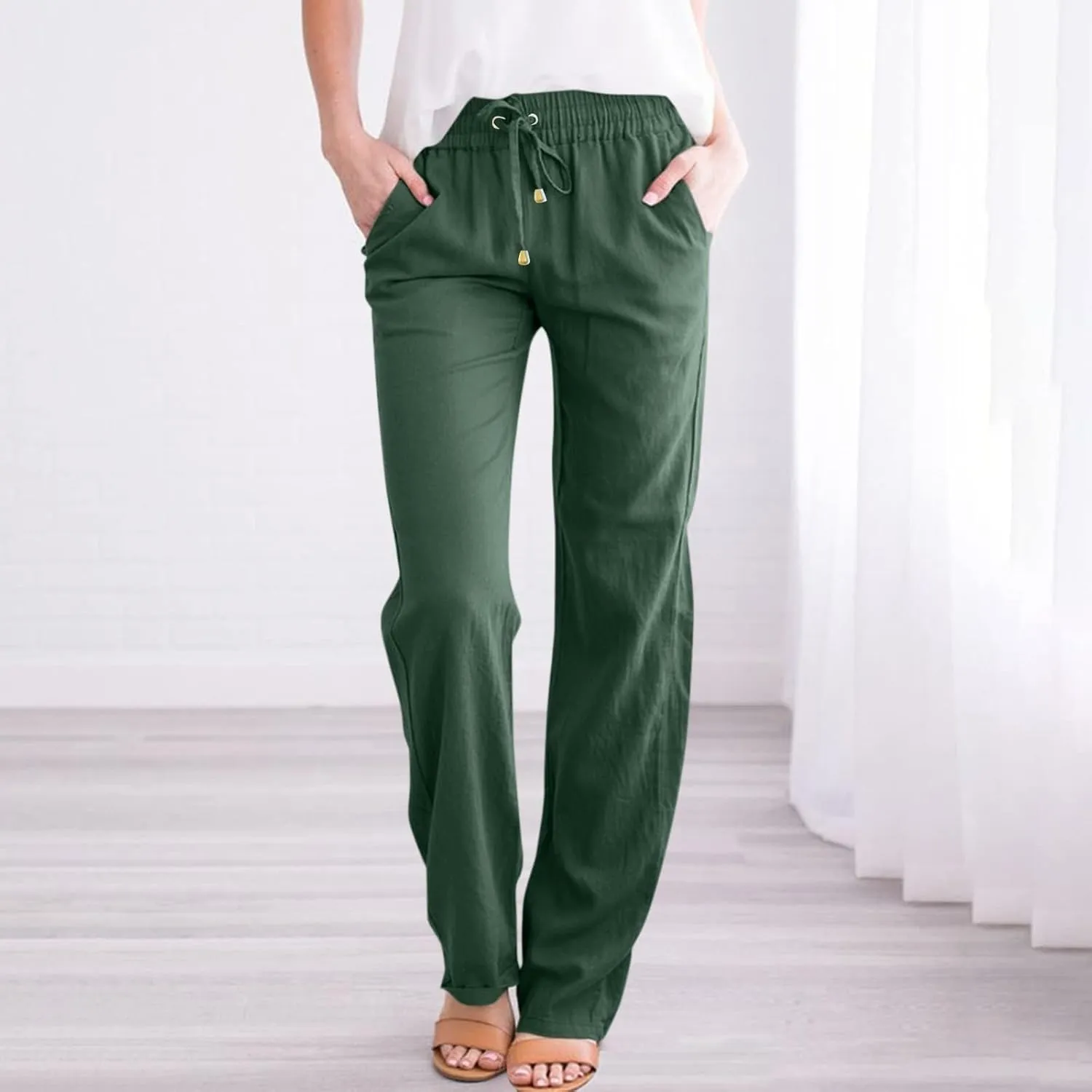Women's Cotton Linen Pants,Spring Summer Casual Loose Lightweight Flowy Beach Pants with Pockets
