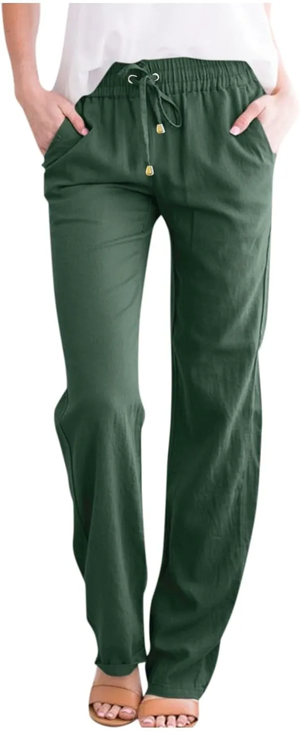Women's Cotton Linen Pants,Spring Summer Casual Loose Lightweight Flowy Beach Pants with Pockets
