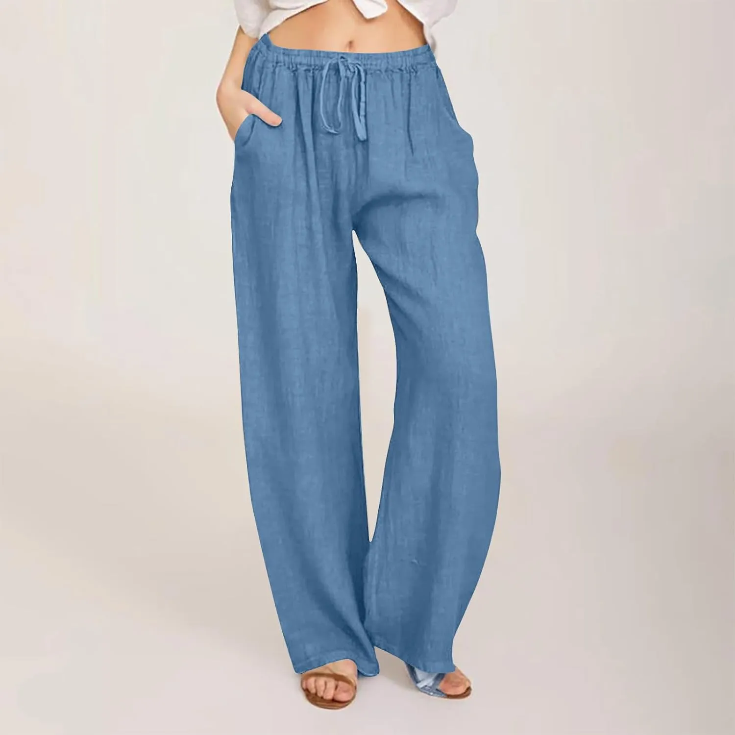 Womens Cotton Linen Wide Leg Pants Dressy Casual Summer Elastic Waist Lounge Trousers Trendy Beach Vacation Outfits