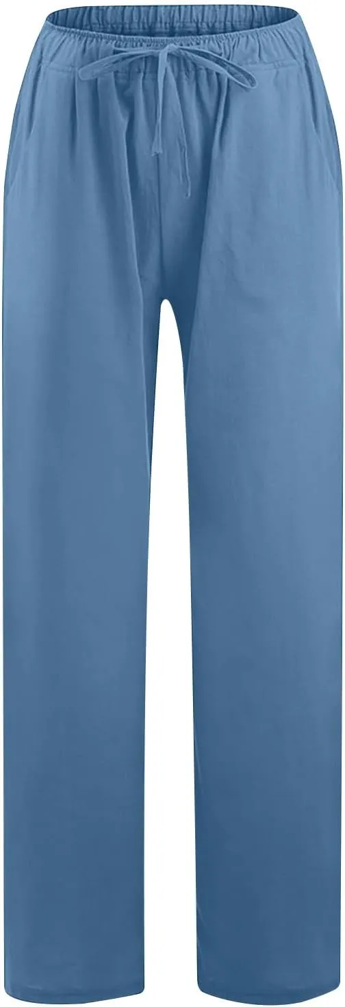 Womens Cotton Linen Wide Leg Pants Dressy Casual Summer Elastic Waist Lounge Trousers Trendy Beach Vacation Outfits