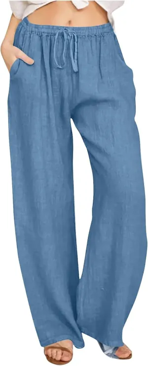 Womens Cotton Linen Wide Leg Pants Dressy Casual Summer Elastic Waist Lounge Trousers Trendy Beach Vacation Outfits