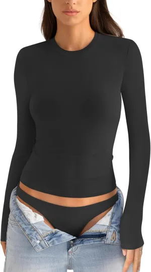 Womens Cotton Long Sleeve Shirts Crew Neck Slim Fit Basic Going Out Crop Outfits for Spring Fall 2025