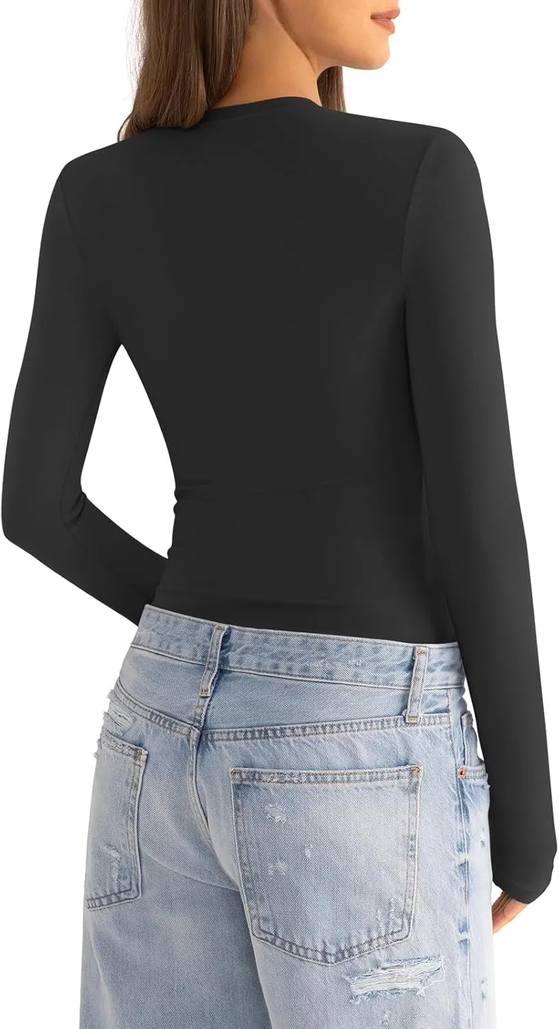 Womens Cotton Long Sleeve Shirts Crew Neck Slim Fit Basic Going Out Crop Outfits for Spring Fall 2025